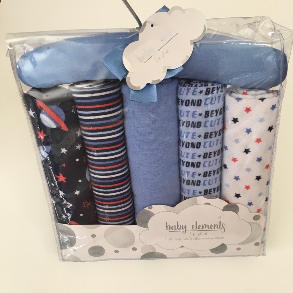 NEW 5 Cotton Flannel Receiving Blankets and a Blue Satin Hanger | Baby Elements